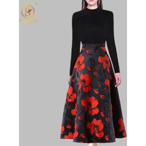 SMTHMA Luxury Design Runway Two Piece Set For Womens Black Long-Sleeved Pullover Sweater+High Waist Jacquard Long Skirt Suit