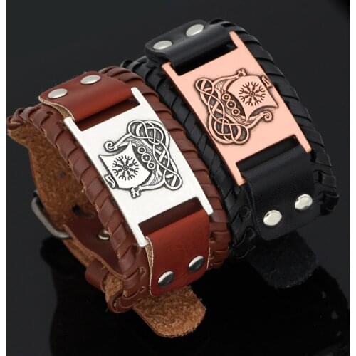 Nordic viking Dragon ship vegvisir odin leather amulet bracelet -adjustable size 19-25 cm