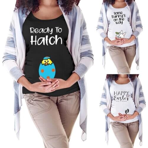 Women Easter Maternity Short Sleeves O-neck Letter Printed Casual Tops T-shirt Easter pregnant women simple trend T-shirt