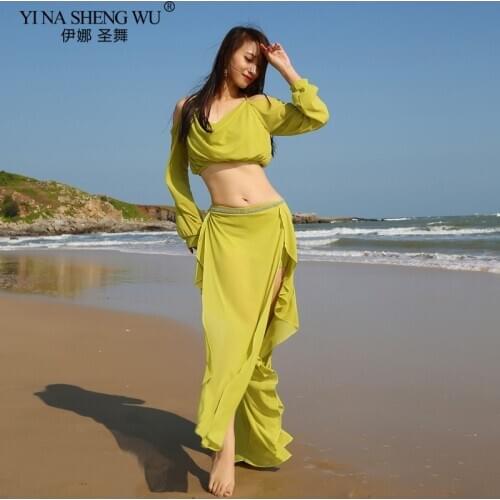 New 2 Piece Women Mesh Dancewear Summer Long Sleeve Bellydance Practice Outfit Side Slit Skirt Black Cheap On Sale