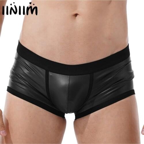 Men Low Waist Panties Faux Leather Boxer Shorts Sports Swimming Trunks Swimwear Sexy Bulge Pouch Elastic Waistband Underpants