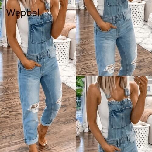 WEPBEL Plus Size Women Jeans Sports Shoulder Strap Ripped Denim Jumpsuit Womens Casual Jeans Overalls Female Denim Pants