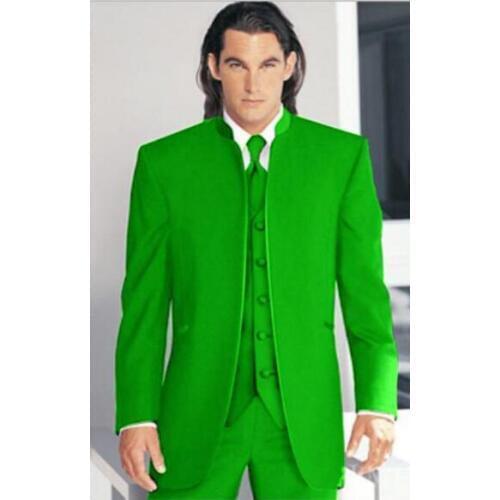 Hot Sale Custom Made to Measure Tailored mens BESPOKE suit, Green Madarin Collar grooms men tuxedos (Jacket+Pants+Vest)14012305