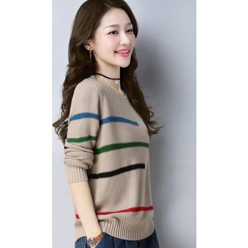 2021 Spring and Autumn Plus Size Womens Round Neck Pullover Sweater Long Sleeve Ladies Striped Loose Knitted Sweater Tops e438