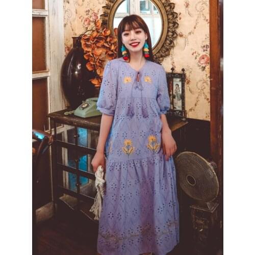 2021 Summer Hard Work Your Womens Retro Water-soluble Lace Embroidered Tassel Evaluation Loose Long Dress Beach Style Dress