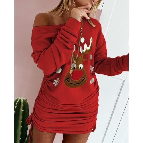 2020 Christmas Party Ladies Winter Casual Long Sleeve Red Printed Night Pleated Dress Femme Robes