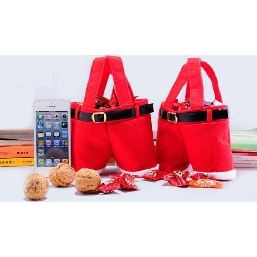50 pcs hard Cloth good quality fabric Fashion Christmas Santa Pants Elf Spirit Candy Bags Xmas Decoration Sack Cute Child Gift