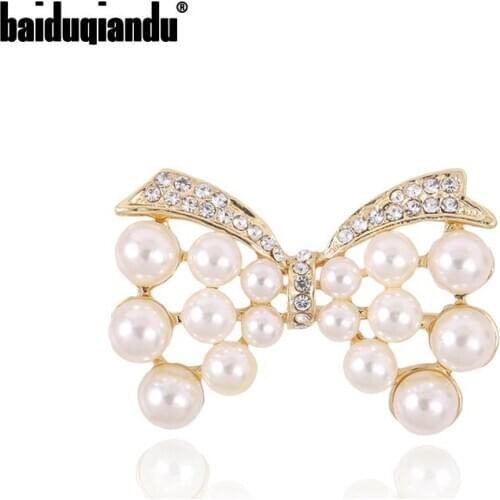 Baiduqiandu Brand New Arrival Gold Color Plated Simulated Pearls Bow Brooch Pins for Women Fashion Costume Jewelry