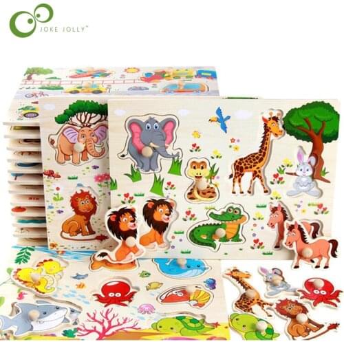 Baby Toys Montessori wooden Puzzle Hand Grab Board Educational Wooden Toy Cartoon Vehicle Marine Animal Puzzle Child Gift GYH