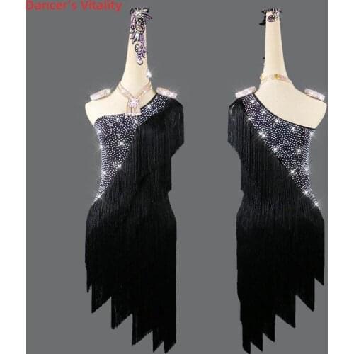 Latin Dance Dress Tassel Full Diamond Long Skirt Performance Clothes Professional Custom Child Women Competition Clothing