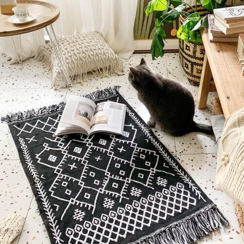 100% Cotton Hand Woven Reversible Rug Grey Geometric Handmade Runner Tassels Design Handmade Area Rug Living room/Entryway Mat