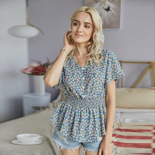 European and American fashion T-shirt summer slim slimming floral small fresh polyester printing top