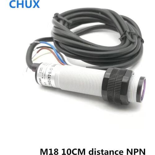 Diffuse Type Photoelectric Sensor M18 NPN NO/NC/NO+NC 10cm Detect Distance plastic Shell DC Laser Switch