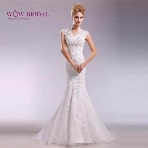 Wowbridal Graceful Lace Wedding Dress 2021 V Neck Lace Button Back Tulle Chapel Train Mermaid Gown