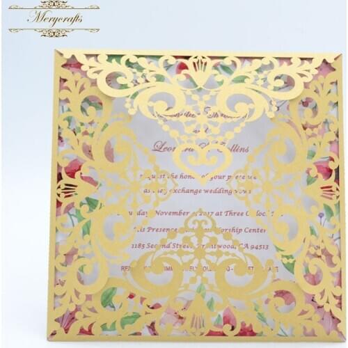 Chinese supplier pink pearl four fold wedding decoration laser cut paper baptism invitation card