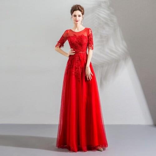 Evening Dresses Illusion O-Neck Short Sequined Embroidery Tulle Lace Luxury Red Backless Elegant Women Formal Party Gown TS064