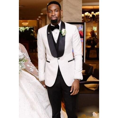 White Mens Wedding Suits Shawl Lapel Three Pieces Groom Tuxedos Mens Blazer Jacket Men Groomsmen Cloth Jacket+Vest+Pant