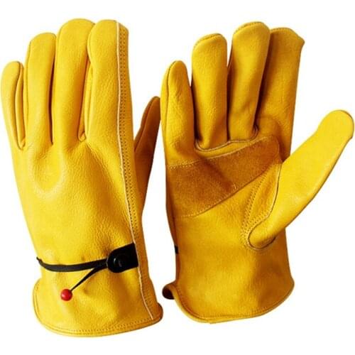 Yellow Leather Motorcycle Gloves Full Finger Cycling Gloves Motocross Riding Motor Gloves Cowhide Leather Warm Driver Gloves
