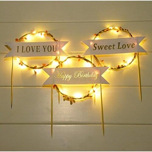 Beautiful LED Light Garland Cupcake Cake Topper Cake Flags Dessert Baking Decoration For Baby Shower Party Wedding Valentines