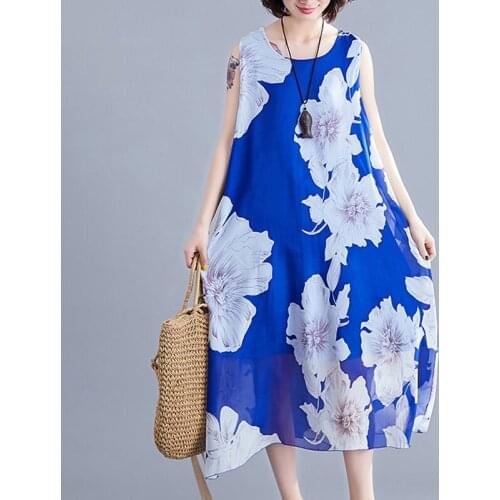 Summer Beach Dress women 2019 new Chiffon Plus Size Dress Women fashion sleeveless Print Long Dress
