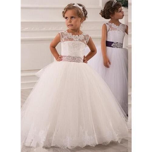 Cute Flower Girl Dresses For Weddings Ball Gown Scoop Tulle Appliques Lace Beaded Long First Communion Dresses For Little Girls