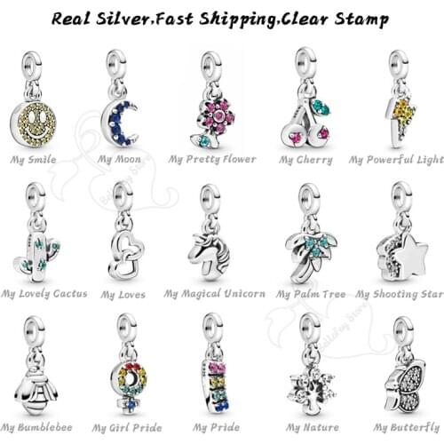 Real 925 Sterling Silver Dangles Cherry Beads Unicorn Charms Fits Pdoras Me collection Bracelets Women Jewerly DIY Making