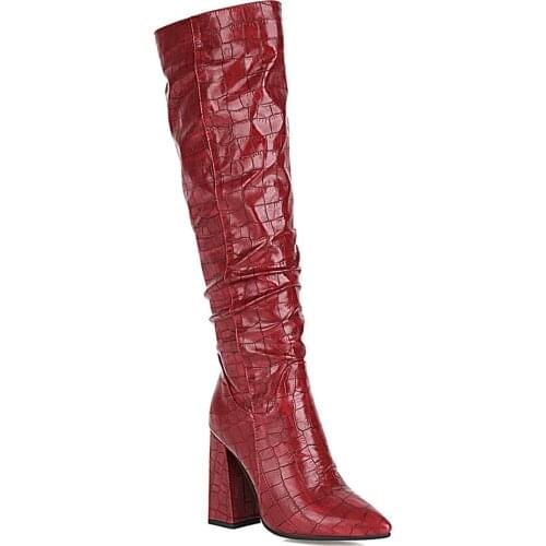 Stone Pattern Super High Thick Heel Pointed Toe Knee-Length Boots Street Trend Check Pattern Set Foot Simple Long Tube Shoes