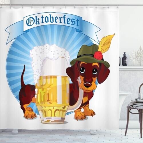 Yellow Brown Oktoberfest Shower Curtain Dachshund Dog Hat and Pint Beer on Striped Background Print Bathroom Curtain