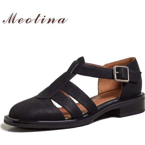 Meotina Genuine Leather Shoes Women Gladiator Sandals Buckle Square Toe Mid Heel Rome Sandals Summer Ladies Footwear Brown 40