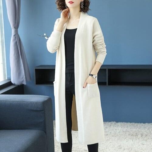 Womens Long Sweaters Spring Autumn Slit Solid Long Sleeve Ladies Cardigan Pockets Casual Knitted Wear for Female Outwear