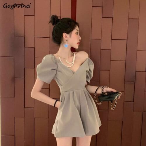 Rompers Women Short Puff Sleeves Elegant Wide Leg V-neck Office Friends Casual High Waist Loose Cozy Design Korean Style Chic