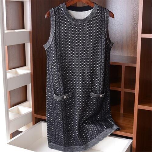 Wool polyester blend Oneck knit women fashion dot sleeveless long pockets pullover sweater S-L retail wholesale