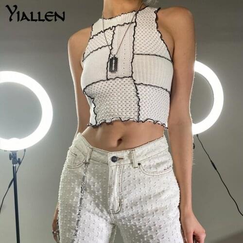 Yiallen Rib Knit Sleeveless Ruffle Crop Tops Women Chic Stitching Texture Activity Streetwear 2021 Casual Basic Skinny Tank Tops