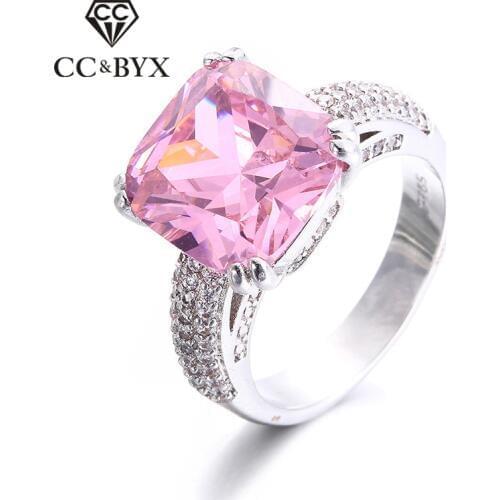 Big Pink/Yellow Stone Cubic Zirconia Rings For Women 4 Carat White Gold color Female Party Ring Fashion Jewelry Luxury CC146