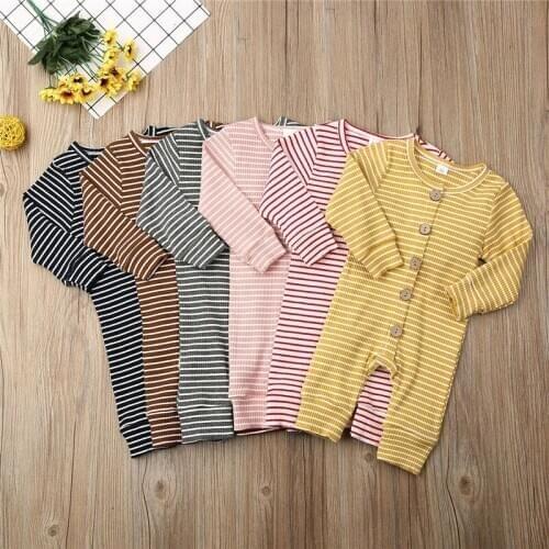 2019 Kids Baby Stripe Romper Newborn Boy Girl Cotton Clothes Long Sleeve Button Romper Jumpsuit Infant Toddler One-Piece Outfits