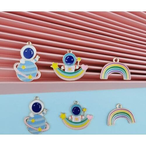 ApeUr 10pcs Planet Rainbow Astronaut Enamel Metal Charms Pendants Fit Earrings Necklace Floating Fit Jewelry DIY Accessories