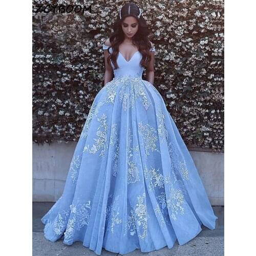 Ball Gown Quinceanera Dresses 2021 New Light Blue Fluffy Off The Shoulder Lace Evening Dresses Sweet 18 Vestidos Long Prom Dress
