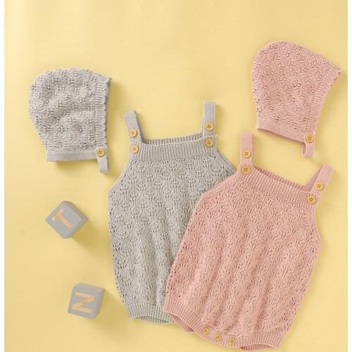 Baby Cotton Knitted Bodysuit With Hat Solid Newborn Girl Boy Tops Sleeveless Infant Playsuit Outfit Jumpsuit 0-18M 2PCS Set