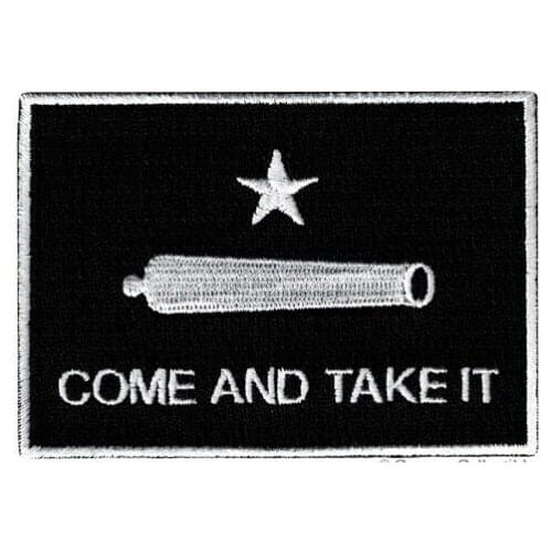 Hot! COME AND TAKE IT BLACK FLAG PATCH TEXAS REVOLUTION IRON-ON EMBROIDERED GONZALES (Size is about 8-5.7 cm)