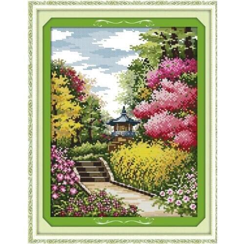 Garden scenery spring scenery 11CT 14CT printed cloth cross stitch kit embroidery wholesale with Chinese characteristics