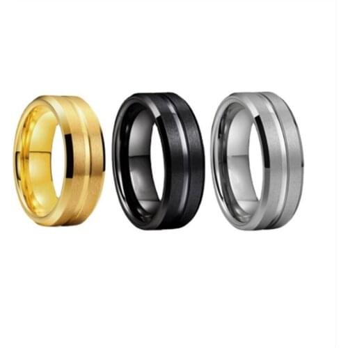 8mm stainless steel wedding ring mens and womens ring groove bevel brushed finish black, silver, gold optional