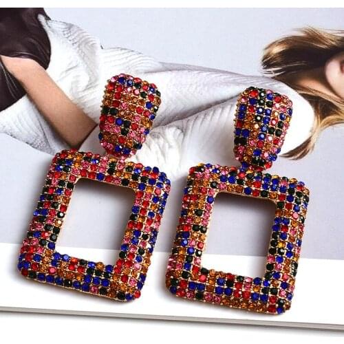 Wholesale Hanging Geometric Metal Dangle Drop Earrings Studded With Full Colorful Crystals Fine Jewelry Accessories For Women