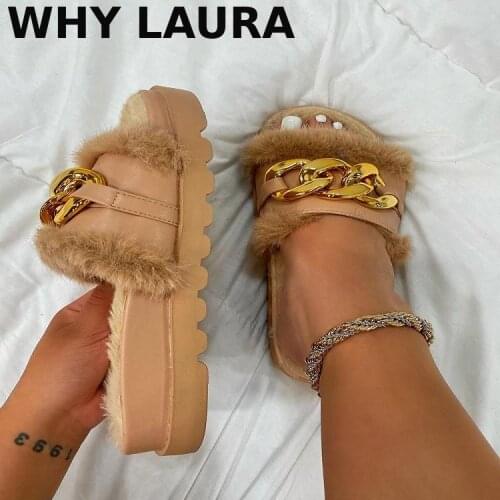 Summer plush slippers fashion peep-toe solid color womens thick soles soft sandals metal chain outdoor leisure womens shoes la