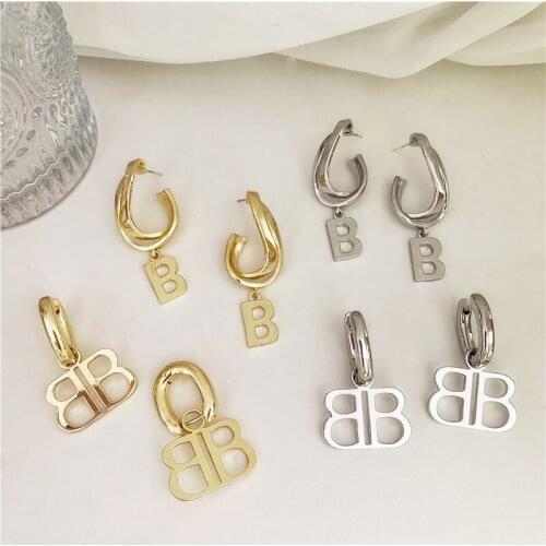 SRCOI 2020 New Trendy Fashion Double B letter Drop Earrings Vintage Metal Long Pendant Earrings Women Jewelry Party Gifts