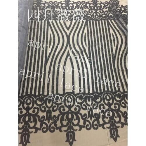 Stock ap2052 # 5 yards black sexy best quality hand print glued glitter net tulle mesh sugar lace fabric for sawing dress