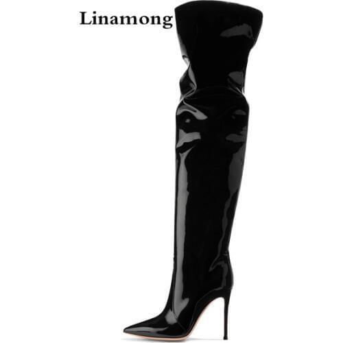 Spring Women Brand Sexy Black Patent Leather Pointed Toe Thin Heels Pull On Over The Knee Boots Street Style Slouchy Boots