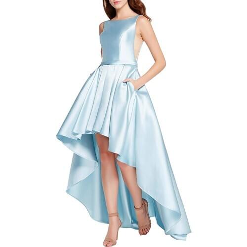 Womens High Low Satin Prom Dress Long Scoop Neck Formal Homecoming Gown with Pocketn robe de soiree frock платья для выпускного