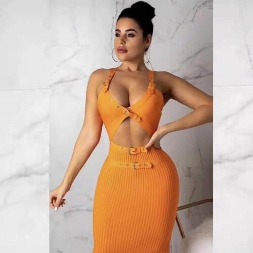 Women Orange Black Strap Bandage dress Elegant summer sexy V neck Party Bodycon Mini dress