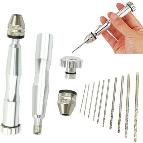 1set Aluminum Mini Micro Hand Drill with Keyless Chuck +10pcs Twist Drills 0.6-2.0mm DIY tools