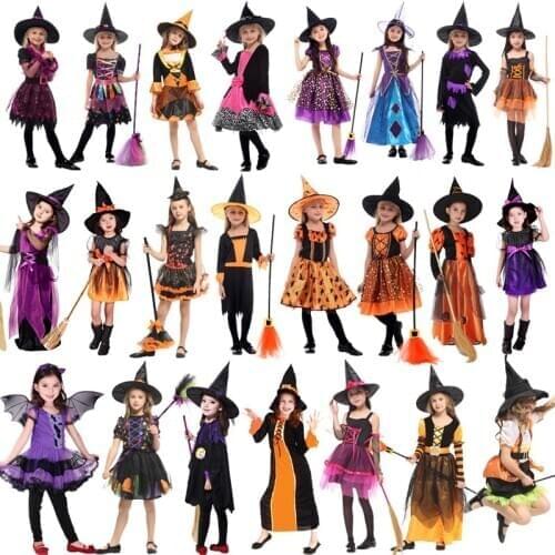 2019 New Witch Suit Cosplay Halloween Party Children Costume For Girls Halloween Clothing Set Witch Dress Hat cloak Accessories